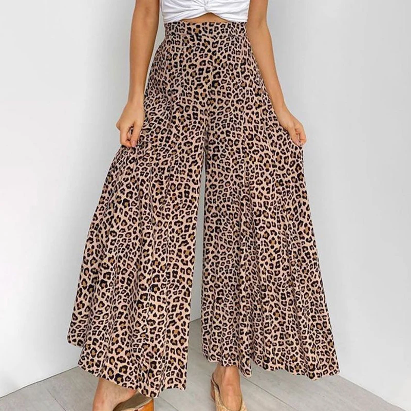 2021 Lady Leopard Print Summer Boho Fashion Casual Wide-leg Pants Elastic Waist  Straight Pant High Waist Vintage Long Pants