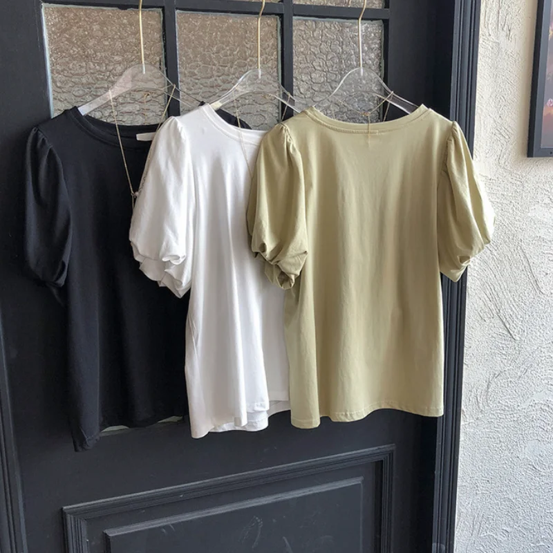 

Mozuleva Summer Women Puff Sleeve T-Shirts Solid Brief Chic Tops 2021 Girls Fashion O-Neck Cotton T Shirt All Match Tees