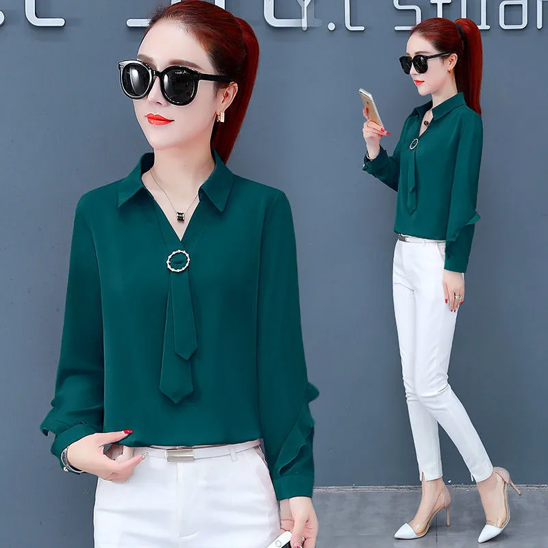 Женская шифоновая блуза Повседневная с длинным рукавом и отложным воротником