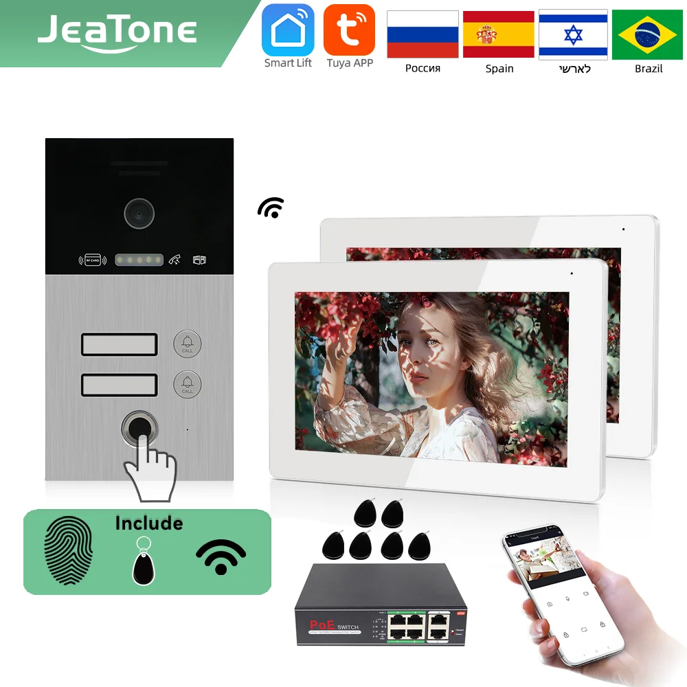 Jeatone TUYA 7”IP WIFI wireless Video Intercom for Apartment 1F/2F/3F Monitor Doorbell outdoor unitd with Fingerprint /RFIC card