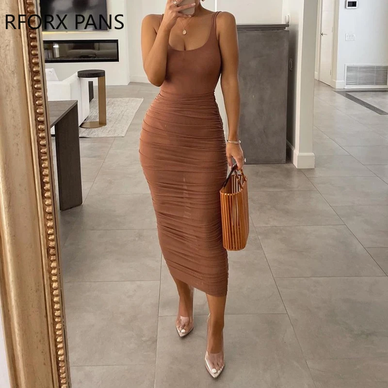 

Женское однотонное боди с U-образным вырезом и юбка миди с рюшами, женское платье, 2021