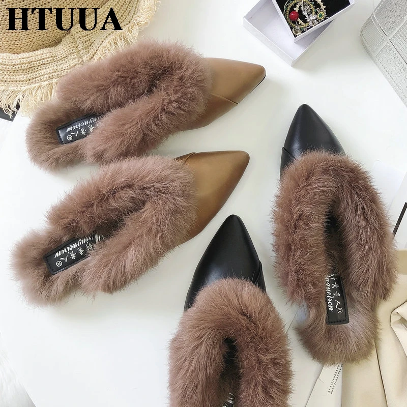 HTUUA/осенне зимние шлепанцы на плоской подошве женские меховые тапочки с острым