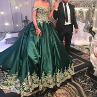 vintage green off the shoulder satin prom evening dresses 2021 bridal gown gold appliqued sequin vestidos de mariee
