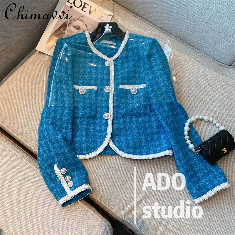 

Autumn 2021 Sweet Fashion Women Round Collar Plaid Tweed Coat Lady All-Matching Long Sleeve Loose Short Top