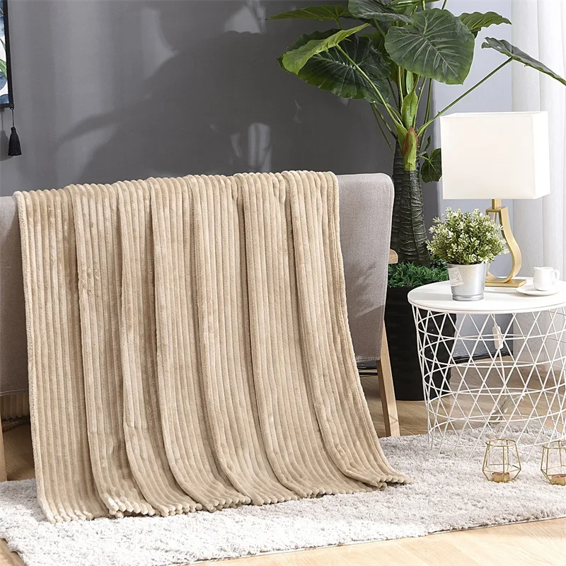 Striped Flannel Fleece Throw Blanket Soft Travel Blanket Solid Color Bedspread Plush Cover for Bed Sofa Warm Gift Dropship