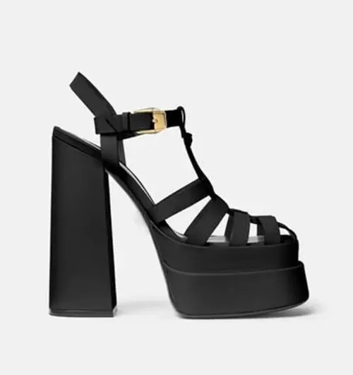 

Black White Purple Pink Round Open Toe 5 CM Platform Sandals Woman 140 mm Chunky Heels Gold-tone Buckle Strap Hollow Out Shoes