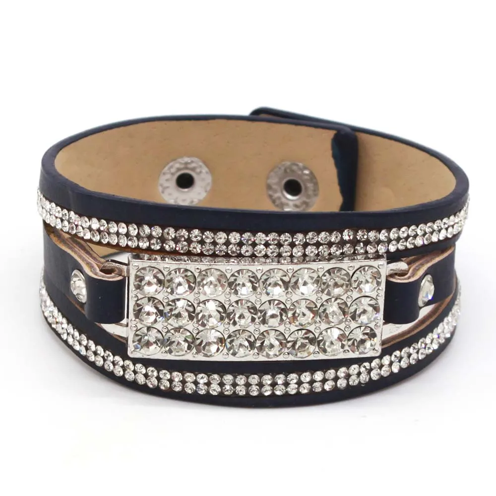 

Fashion Simple Crystal Leather Bracelets For Women Classic Metal Charms Multilayer Wrap Bangles Costume Jewellery Gift