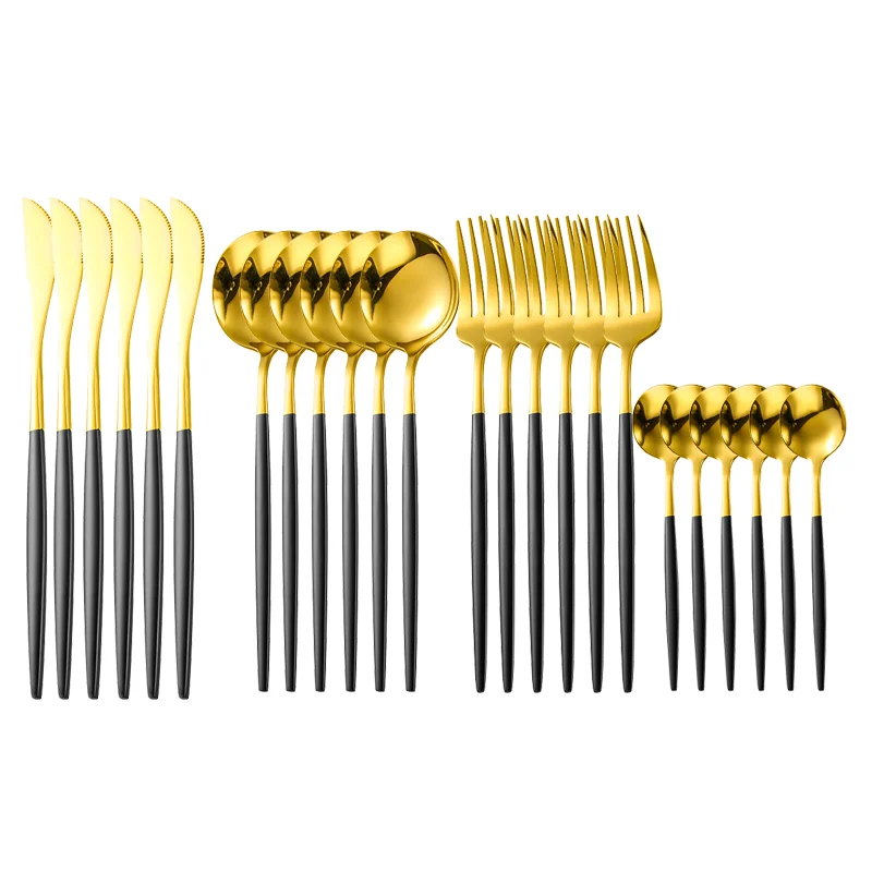 

24Pcs/set Stainless Steel Dinner Black Gold Dinnerware Set Knife Fork Coffee Spoon Cutlery Set Kitchen Tableware Silverware Sets