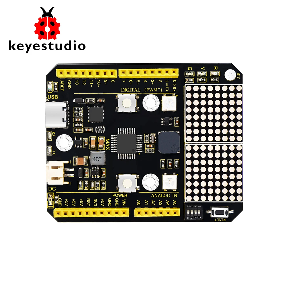 

KEYESTUDIO Max Development Board Compatible Arduino UNO R3+3LEDs+Buzzer+Button+Photocell+Microphone+NeoPixel RGB+8*8 Dot Matrix