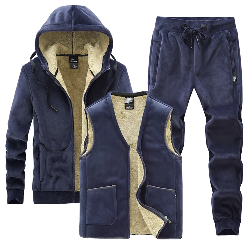 

Winter Thick Warm Fleece Sweat Suits Men Sets 3 Piece Hooded Jacket+Vest+Track Pants Plus Size Sportswear Tracksuits 5XL 6XL