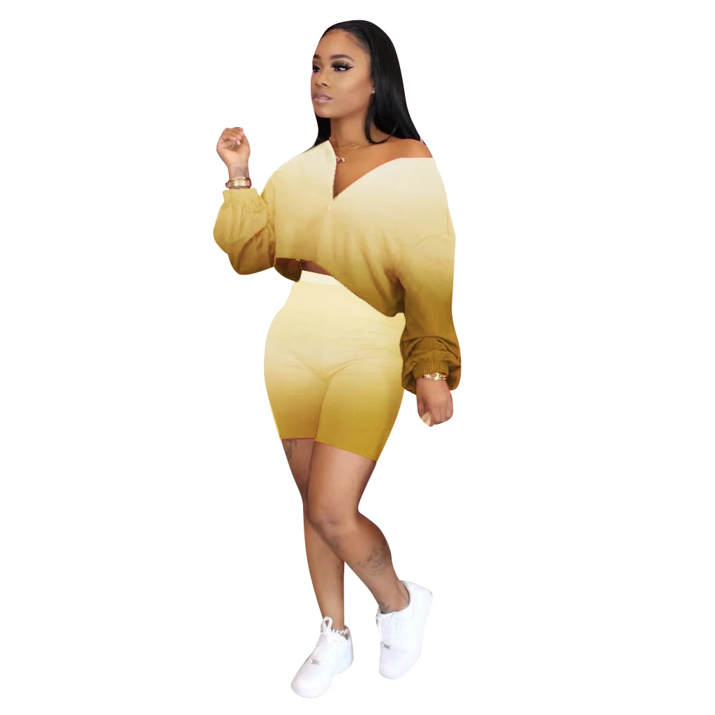 Женские летние спортивные костюмы S-3XL Топ с длинным рукавом и градиентным