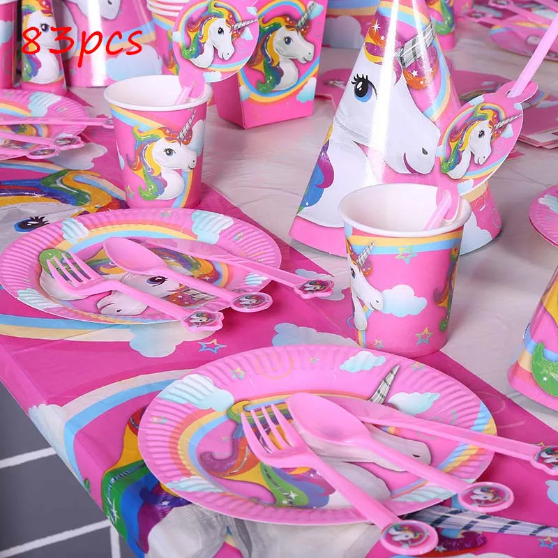 

Unicorn 83 pcs Party Supplies Birthday Party Favor Decorations Cup Plate Banner Flag Baby Shower Christmas Disposable Tableware