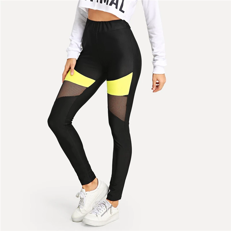 SweatyRocks цветные леггинсы с сетчатыми вставками, леггинсы для активного отдыха, женские обтягивающие леггинсы для фитнеса, Осенние повседневные легинсы для легкой атлетики