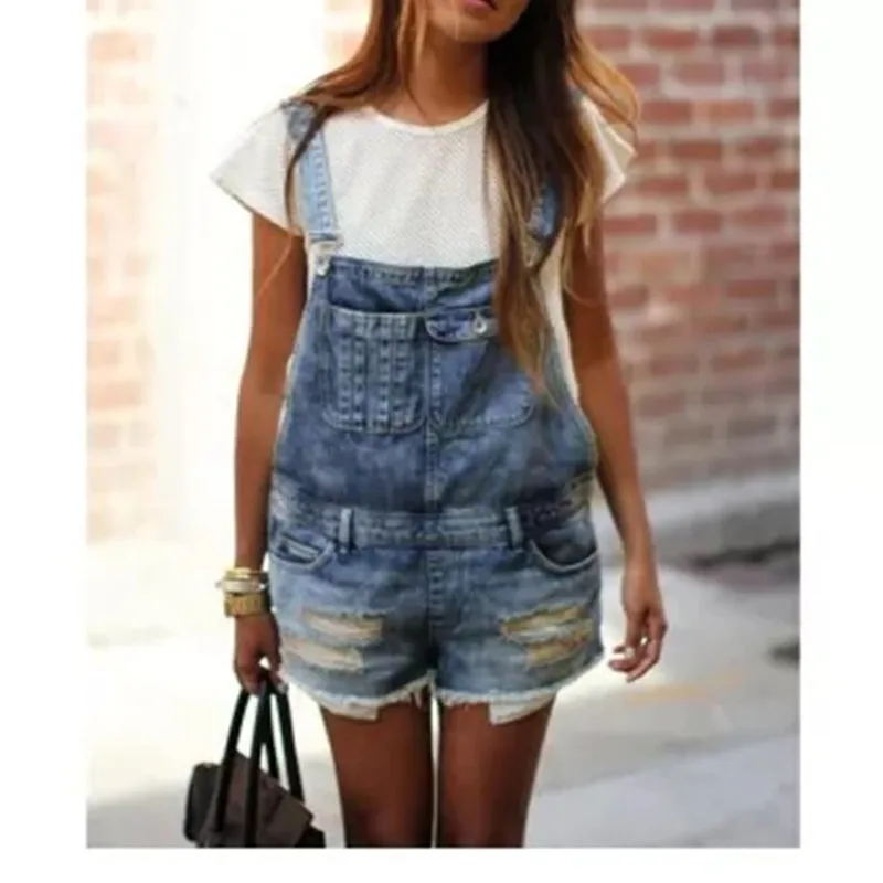 

Short Denim Overalls Women Hole Short Jumpsuit High Waist Casual Jeans Playsuit Washed Salopette Straps 2021 Summer Jeans Romper