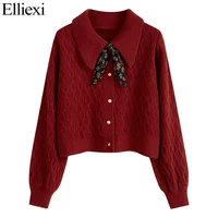 elliexi twist sweater cardigan womens bow diamond grid twisted stripes winter %e2%80%8blong sleeve short coat knitted sweater female