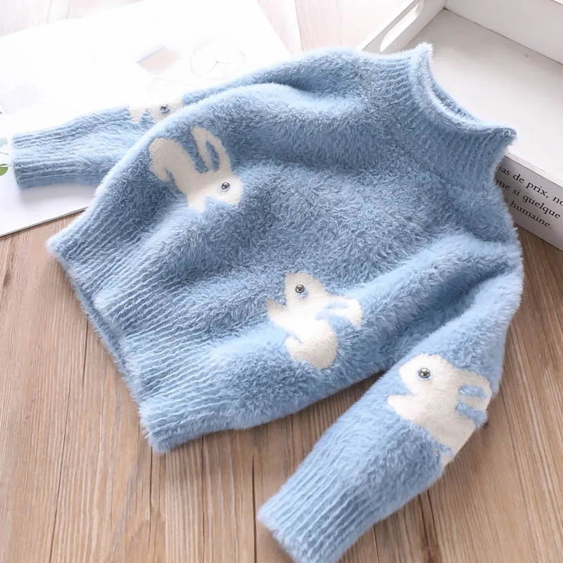 Свитера для девочек с мультяшным Кроликом зимние вязаные пуловеры милыми