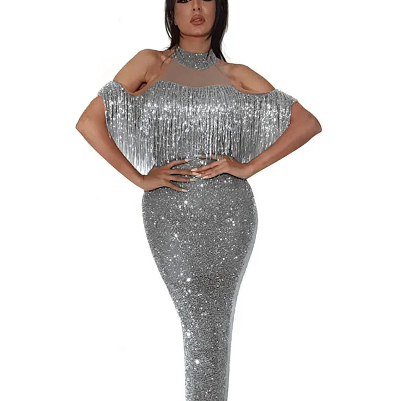 Новое модное тонкое сексуальное платье с пайетками короткий рукав кисточками