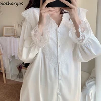 women nightgowns white solid long sleeve lace silk satin spring sexy female sleepwear v neck home lounge wear nightdress leisure