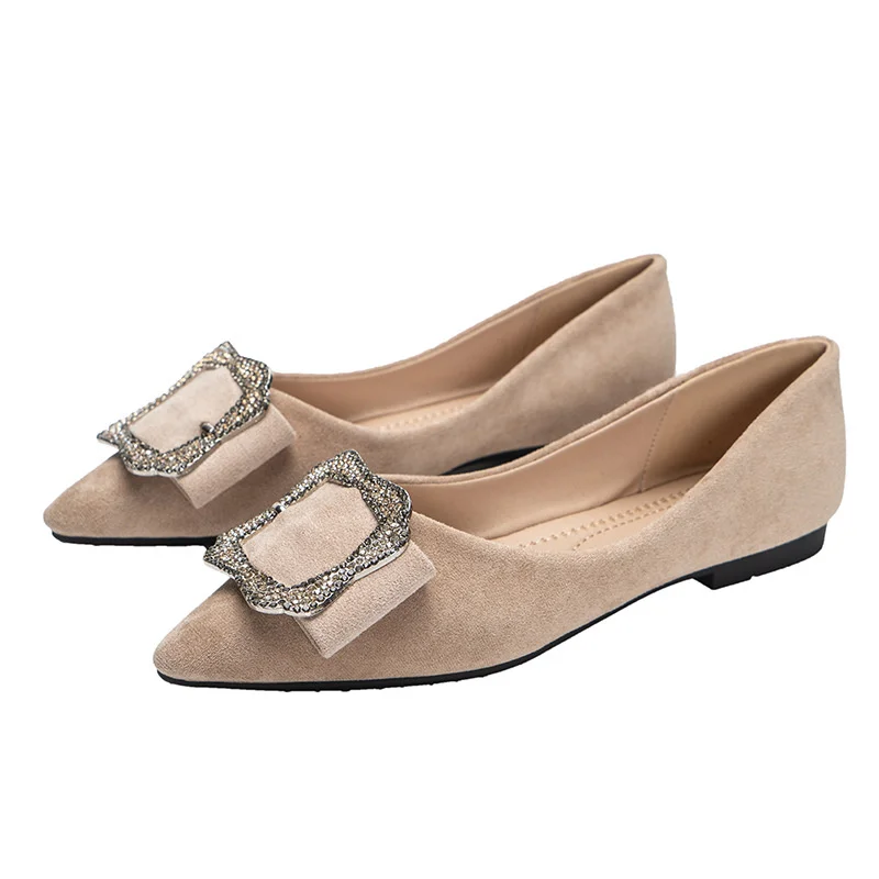 Metal Paillette Crystal Buckle Flats Woman Grandma Shoes Women Sneakers Loafers Pointed Toe Flock Moccasins Femme Big Size 34-42