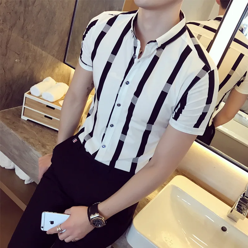 

2021 Summer Men Shirt Stripe Printed Splicing Colorful Stripe Short Sleeve Slim Fit Shirt Mens Fashion Clothing Trends