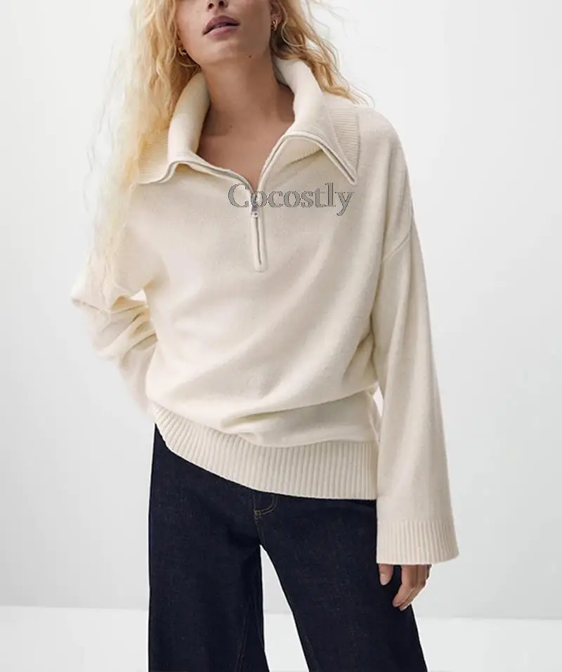 Новинка 2022 красный Однотонный женский вязаный свитер на молнии с высоким