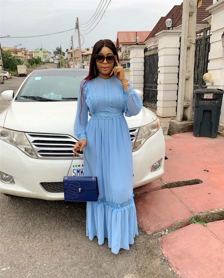 GuyuEra African Dresses For Women's Round Neck Ruffled With Lace Small Lace Round Neck Waist Long Sleeve Loose Hem Dress