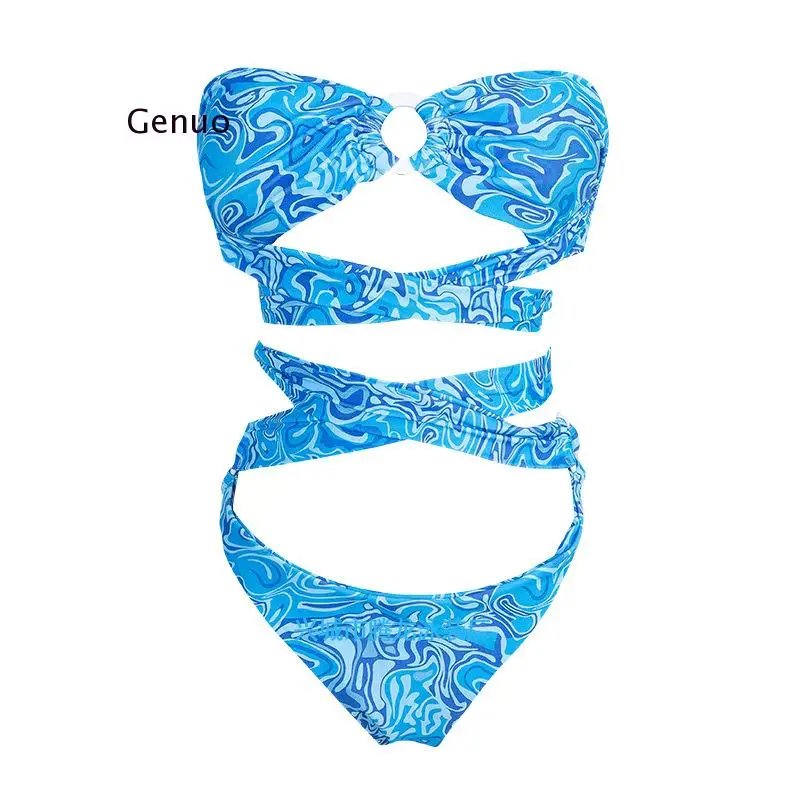 

2021 Wrap Around Bandeau Printed Bikini Women Swimwear Female Swimsuit Two-Pieces Bikini Set Bather Bathing Suit Swim Lady