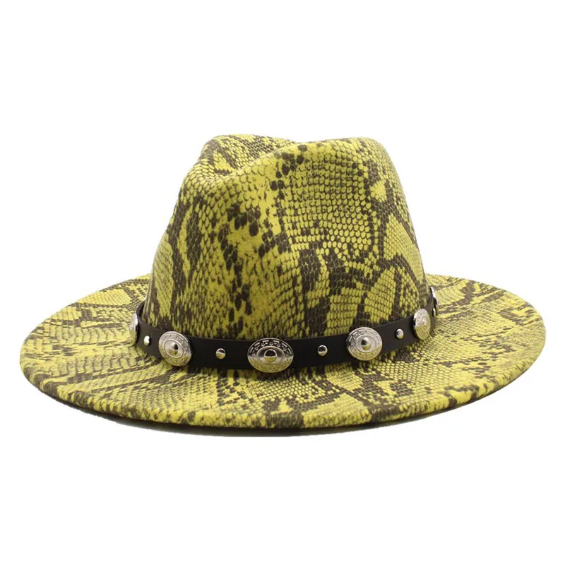 

fedoras snake pattern unisex fedora hat men panama top cap fedoras with leather chains large brim hat church hat party hat