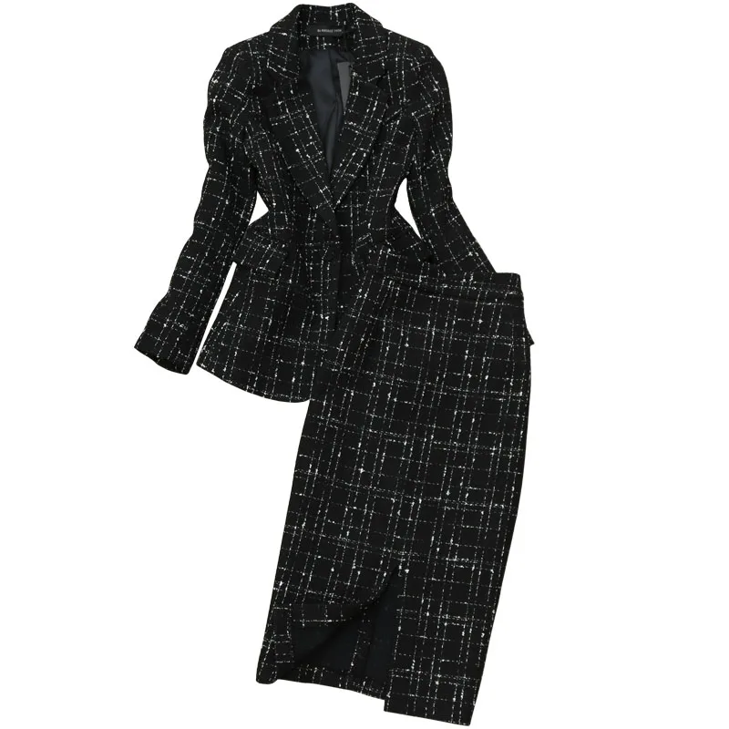 

Женский шерстяной костюм-двойка из твида и юбки-карандаша