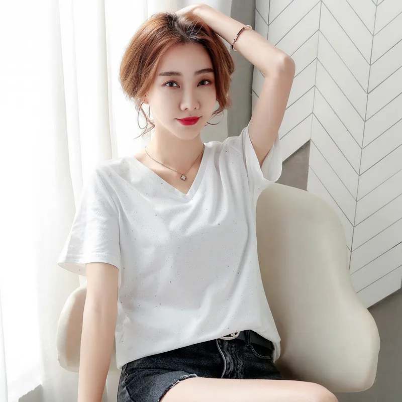 

2021 summer new style Korean loose V-neck slimming short-sleeved T-shirt ladies cotton casual fashion women N167