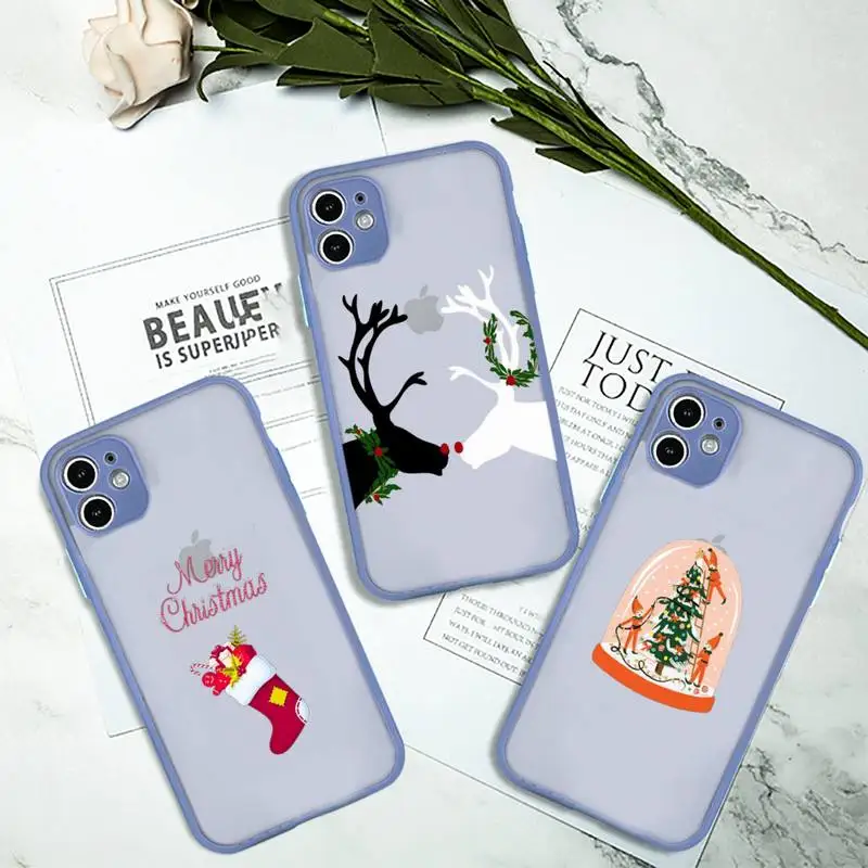 

Cartoon Merry Christmas Phone Case for iPhone 13 12 XS 11 pro max mini se2020 7 8 plus X XR color gray matte transparent coque