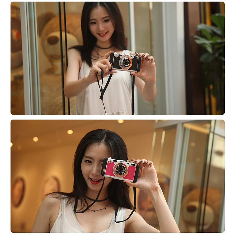 

3D Phone Case Vintage Camera Design Silicone Cover with Long Strap Rope for Mobile Phone @M23