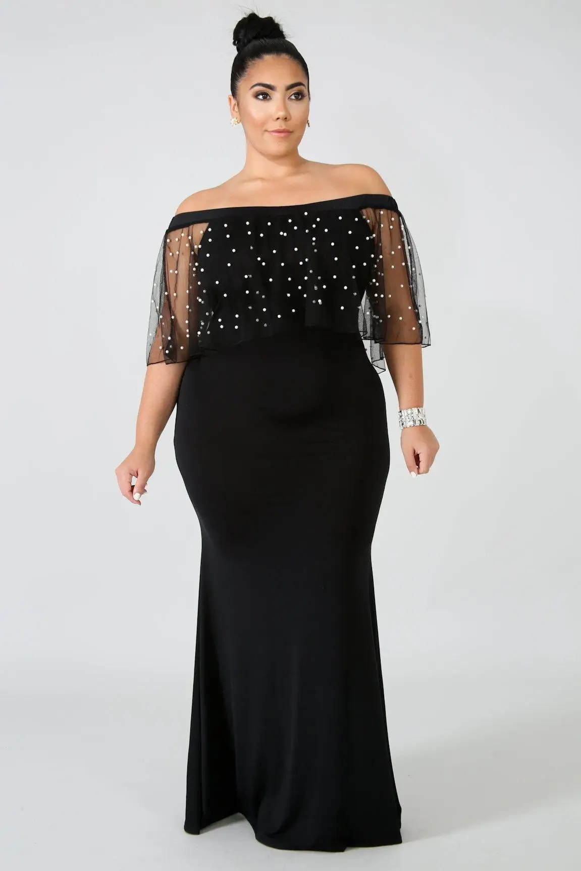 

3xl Pearl mesh evening long maxi dress plus size women dress off-shoulder sexy party dress black bodycon summer dress big size