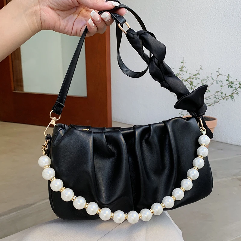 

Solid Color Pleated Women Crossbody Bags Pearl Small Tote Handbags Silk Ribbon Leather Female Messenger Bag Elegant Shoulder Bag