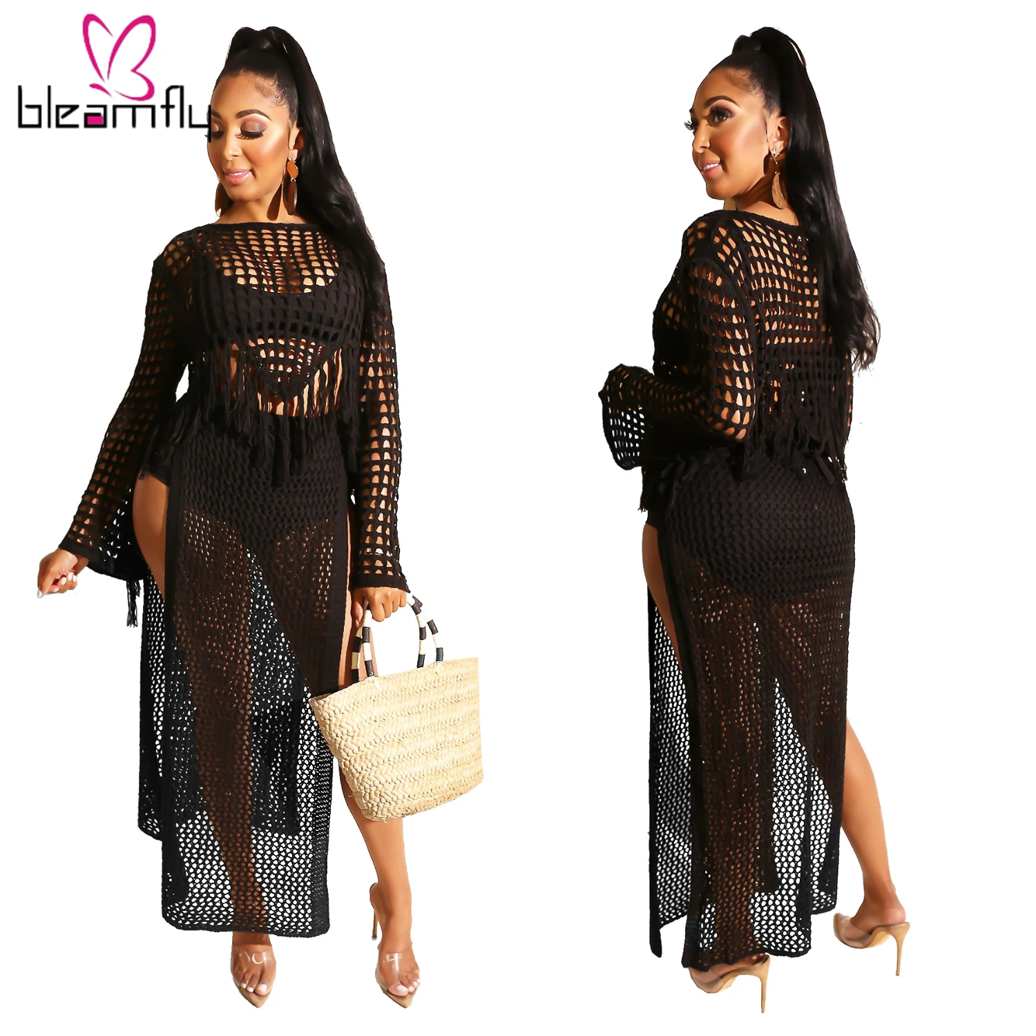 Женский летний вязаный крючком свитер с длинным рукавом топ высоким разрезом