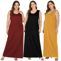 womens plus size sleeveless long skirt summer new fashion solid color light mature round neck dress sexy open back casual dress