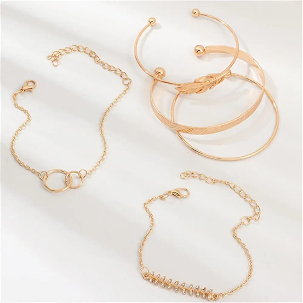 Platform Hot Sale Gold Metal Leaf Bracelet Classic Ring 5 Piece Set Female jade bracelet bangles браслет женский #3N28 |