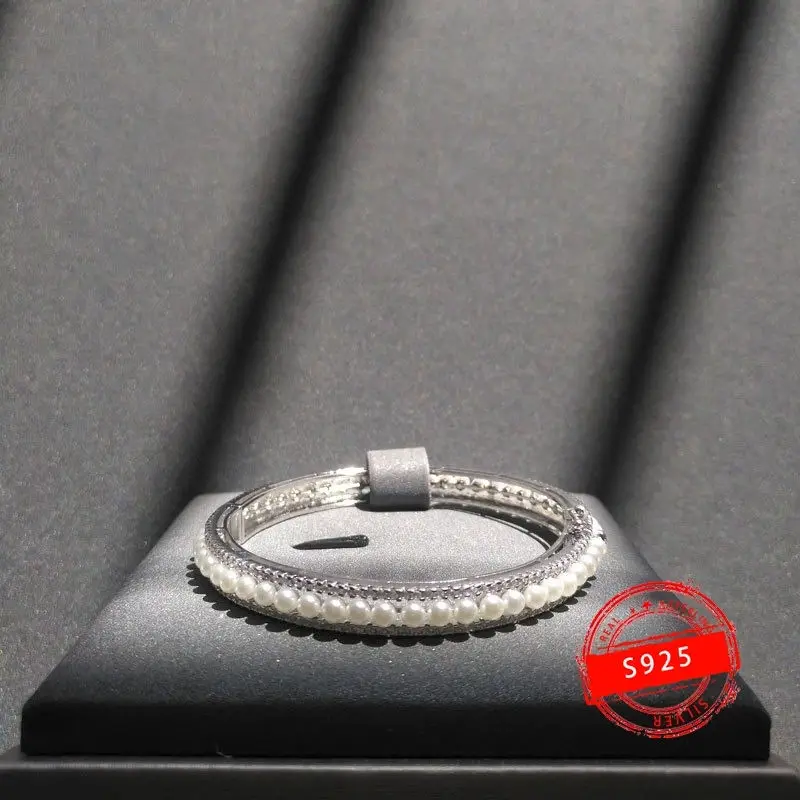 

pulsera de plata de ley s925 con doble anillo francés, brazalete de perlas, estilo punk