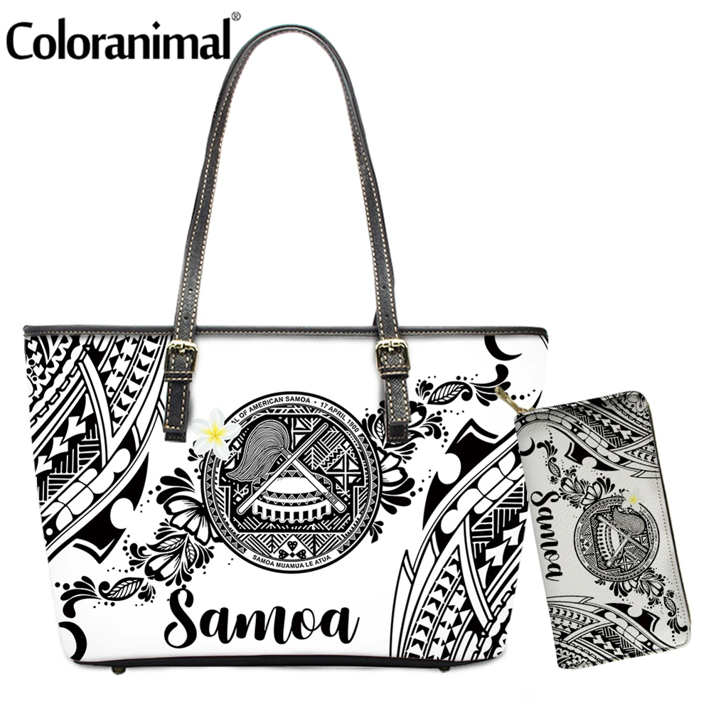 

Coloranimal New Sytle 2Set Girls Hanbag&Wallet Samoa Polynesian Tropical Plumeria Print Shoulder Bag for Women PU Leather Totes