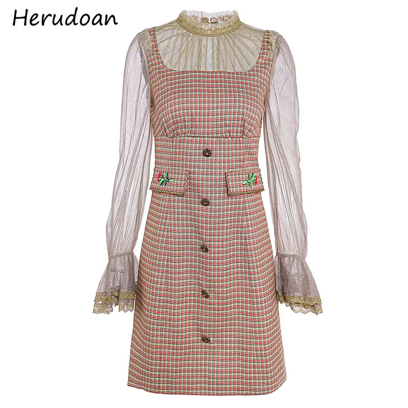 

Herudoan Fashion Designer Autumn Mini Dress Women Flare sleeve Flower Embroidery Gold Grid Mesh Vintage Party Dress Vestidos