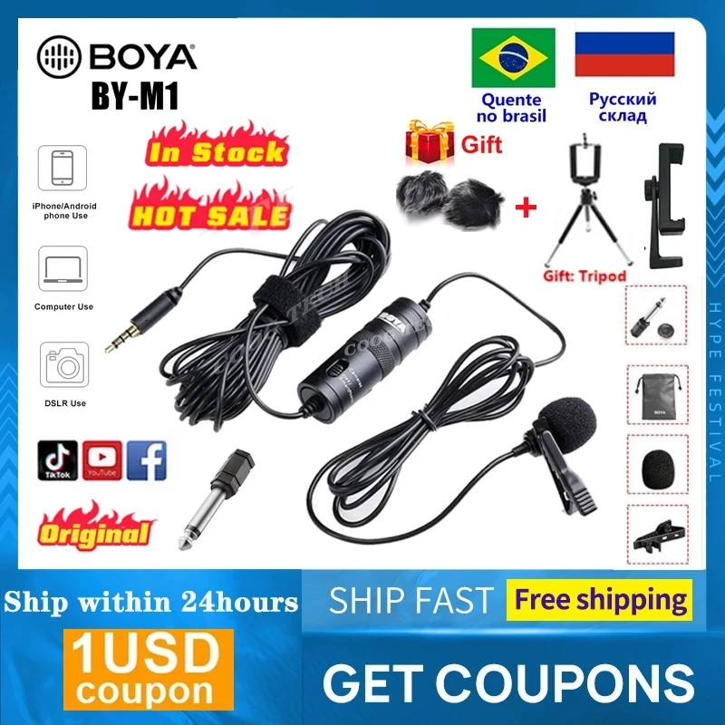 

BOYA BY-M1 3.5mm Audio Video Record Lavalier Lapel Microphone Recording camera microphone 6m Clip On Mic for iPhone Android DSLR