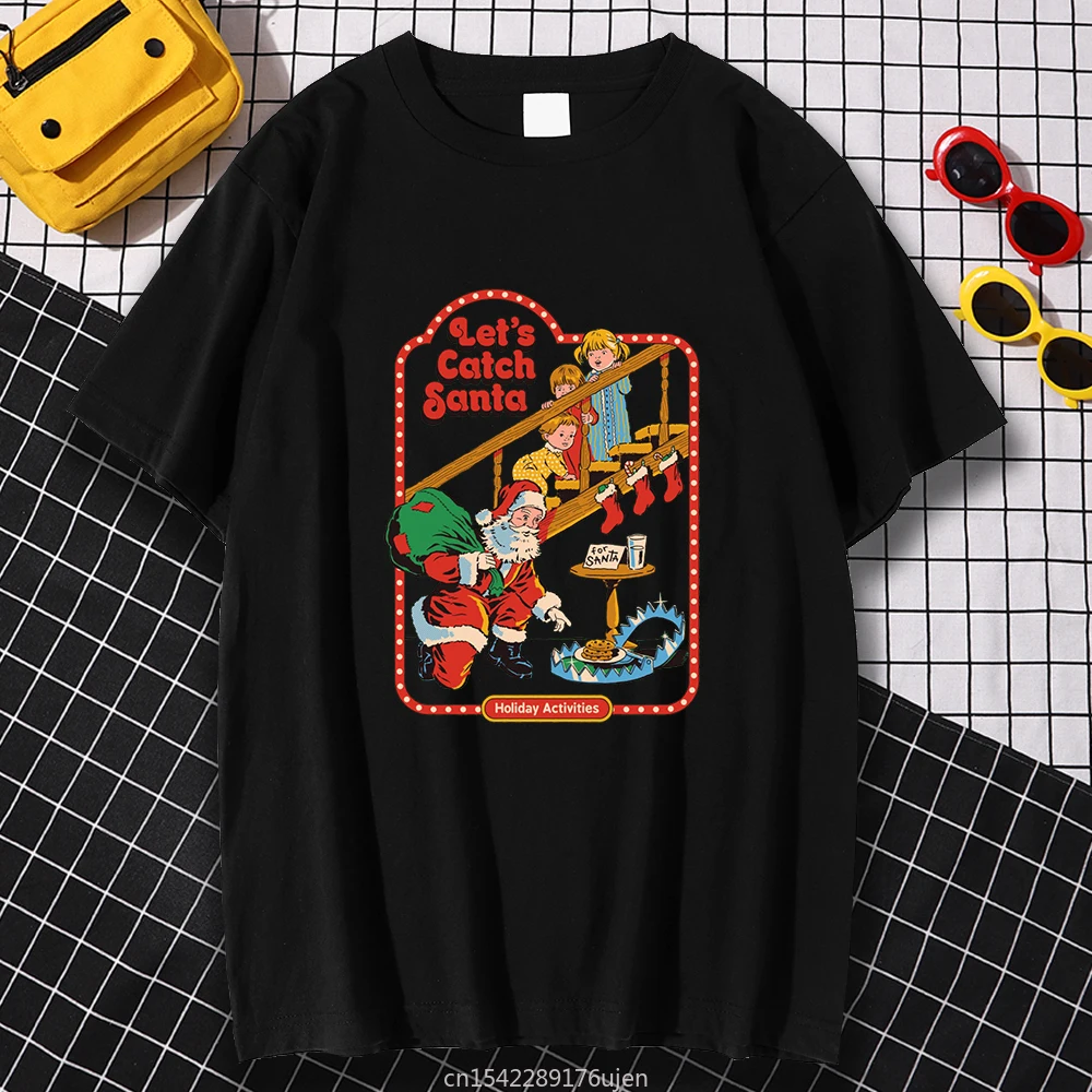 

Classical Let's Catch Santa Printing T Shirts Fitted Hip Hop Clothing Casual Comfortable Short Sleeved O-Neck Wearing