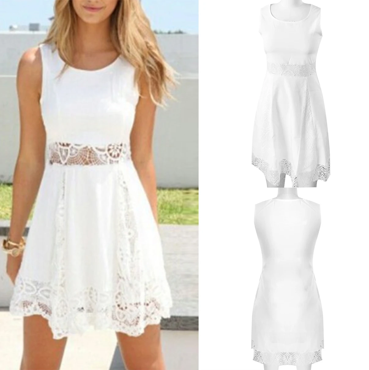 

Hot kf-Ladies Lace Stitching Sleeveless Round Neck White Dress White