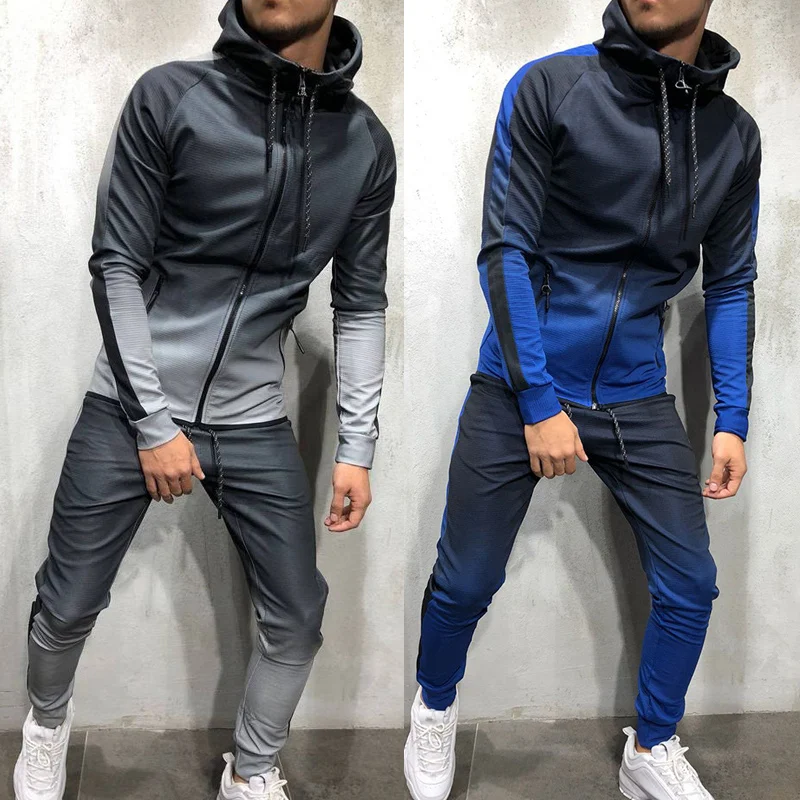 

Newest 2 PCS Mens Gradient Packwork Sport Printed Zipper Long Sleeves Tracksuit Sets
