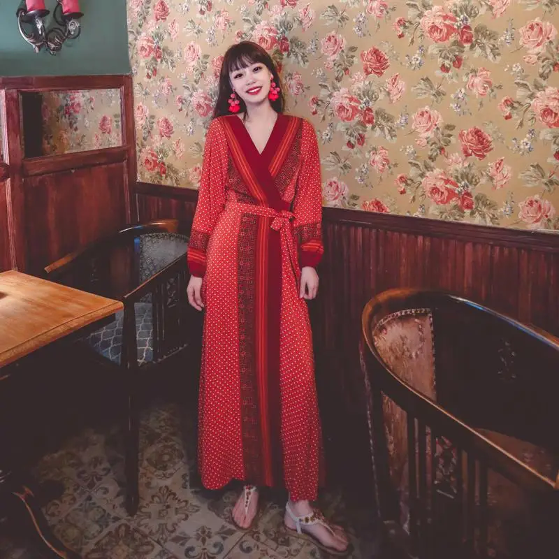 

Новинка весны 2021, платье-кардиган с большим маятником, свободная рубашка большого размера в горошек с длинными рукавами, суперсказочная юбк...