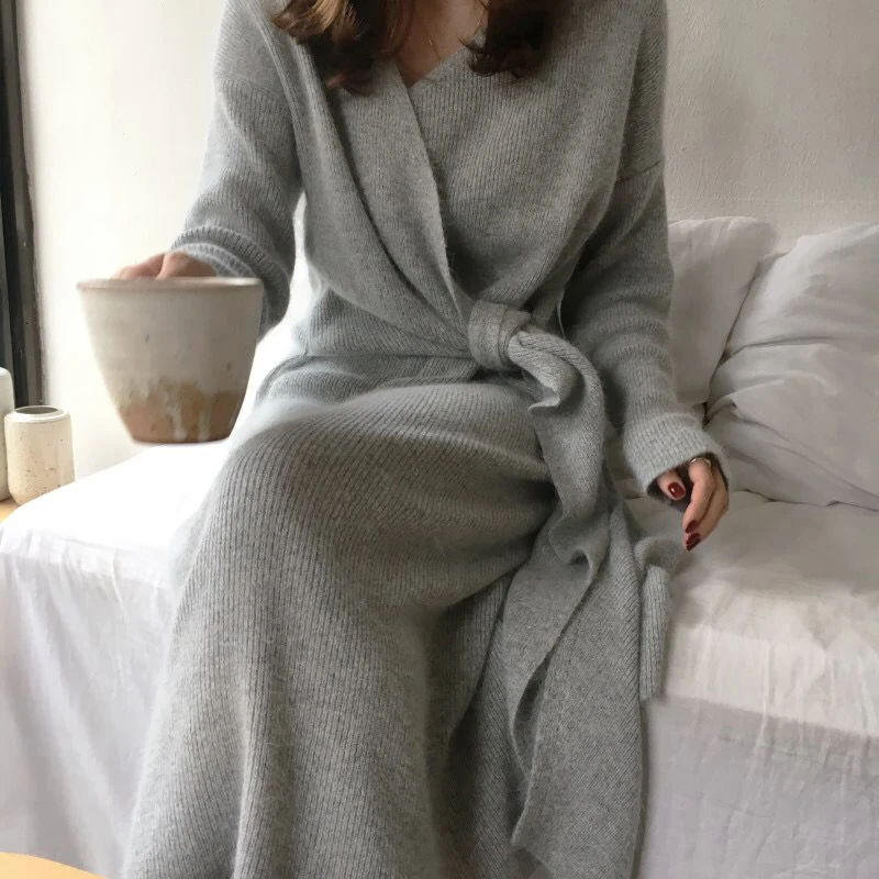 

Belted Cashmere Sweater Sexy V Kneck Cardigan Knitted Dress 2021 Autumn Fashion Casual Solid Color Knitwear Elegant Long Tunic
