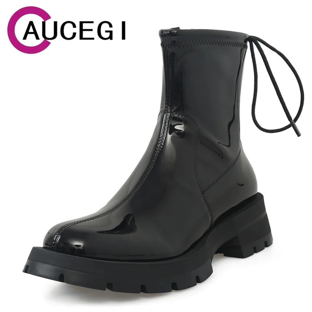 

Aucegi Customized Women Round Toe Med Heel Ankle Boots Lace Up Zipper Patent Leather Black New Autumn Winter Footwear Shoes
