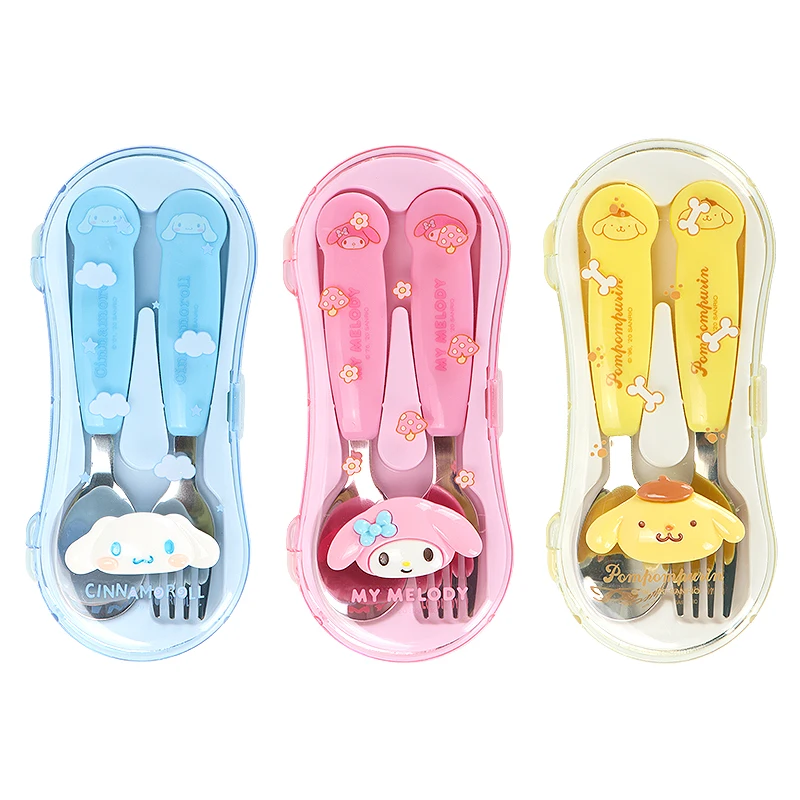 

JY 2Pcs/Set Children's 304 Stainless Steel Set Cartoon Cute Fork +Spoon Two-Piece Portable Cutlery Box