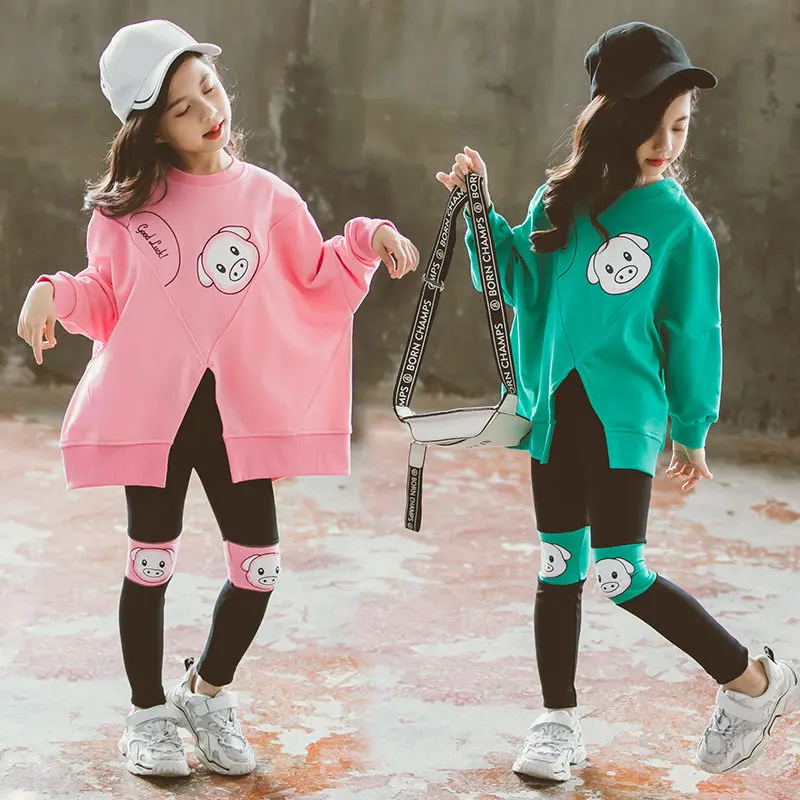 Милый комплект одежды для девочек Топ с длинным рукавом и принтом свиньи + узкие