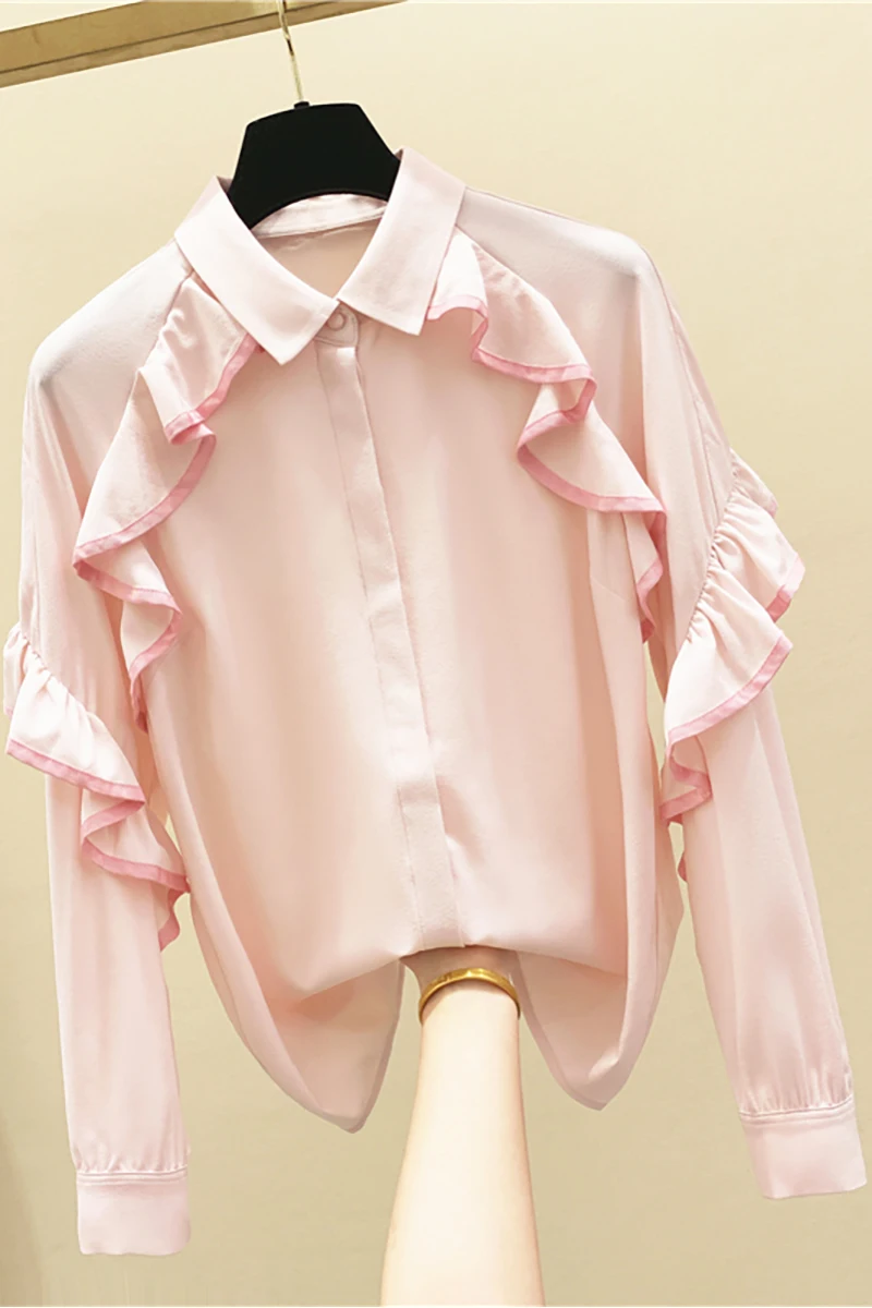 

Ruffles Blouse Women Autumn New Clothes Long Sleeve Loose Korean Shirt Female 2020 Autumn New All-match Casual Pink Top Blusas